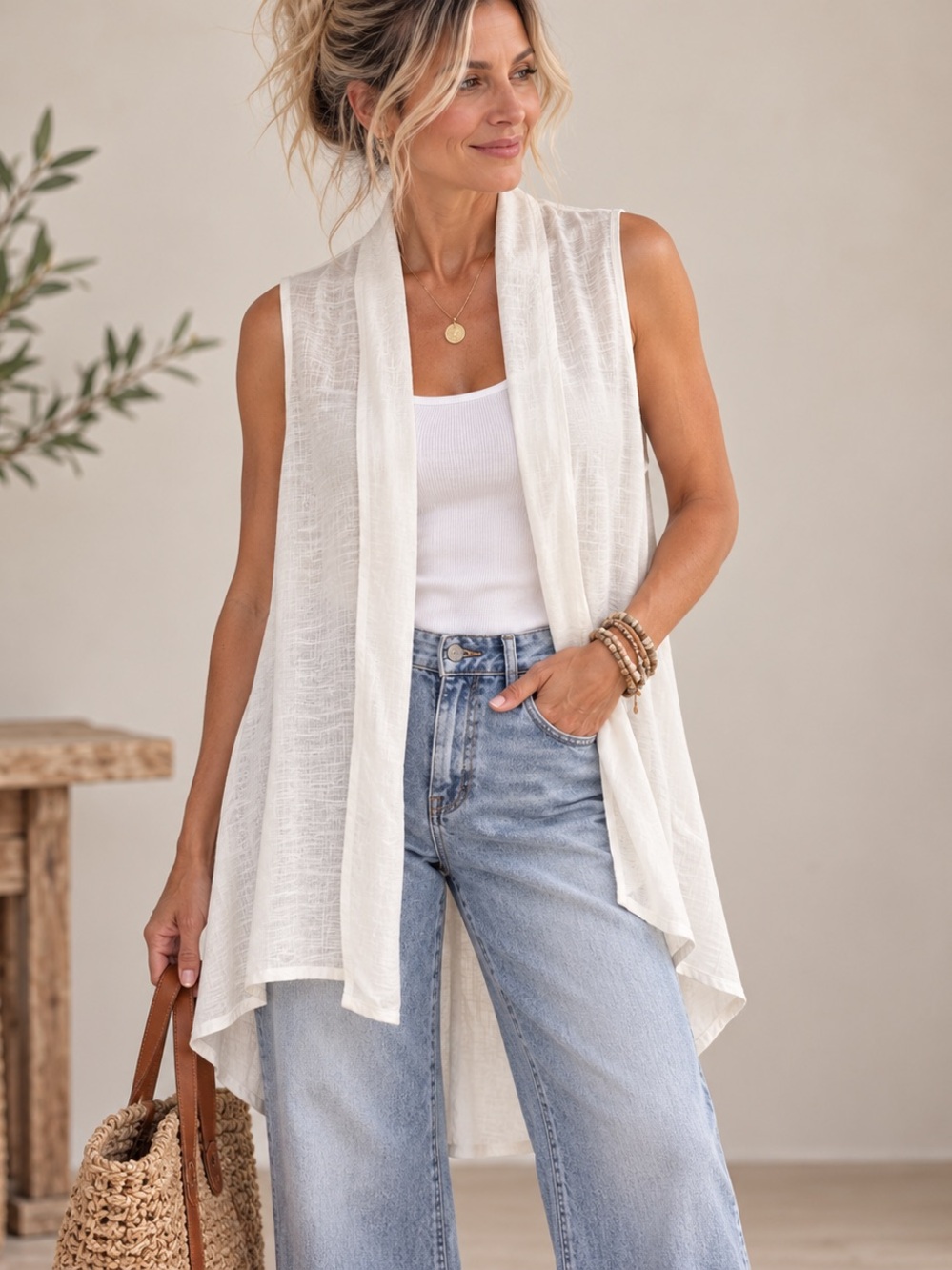 100% Linen Long Open Front Vest
